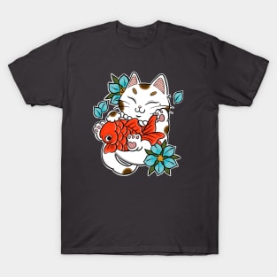 japanese cat tattoo and red fish T-Shirt